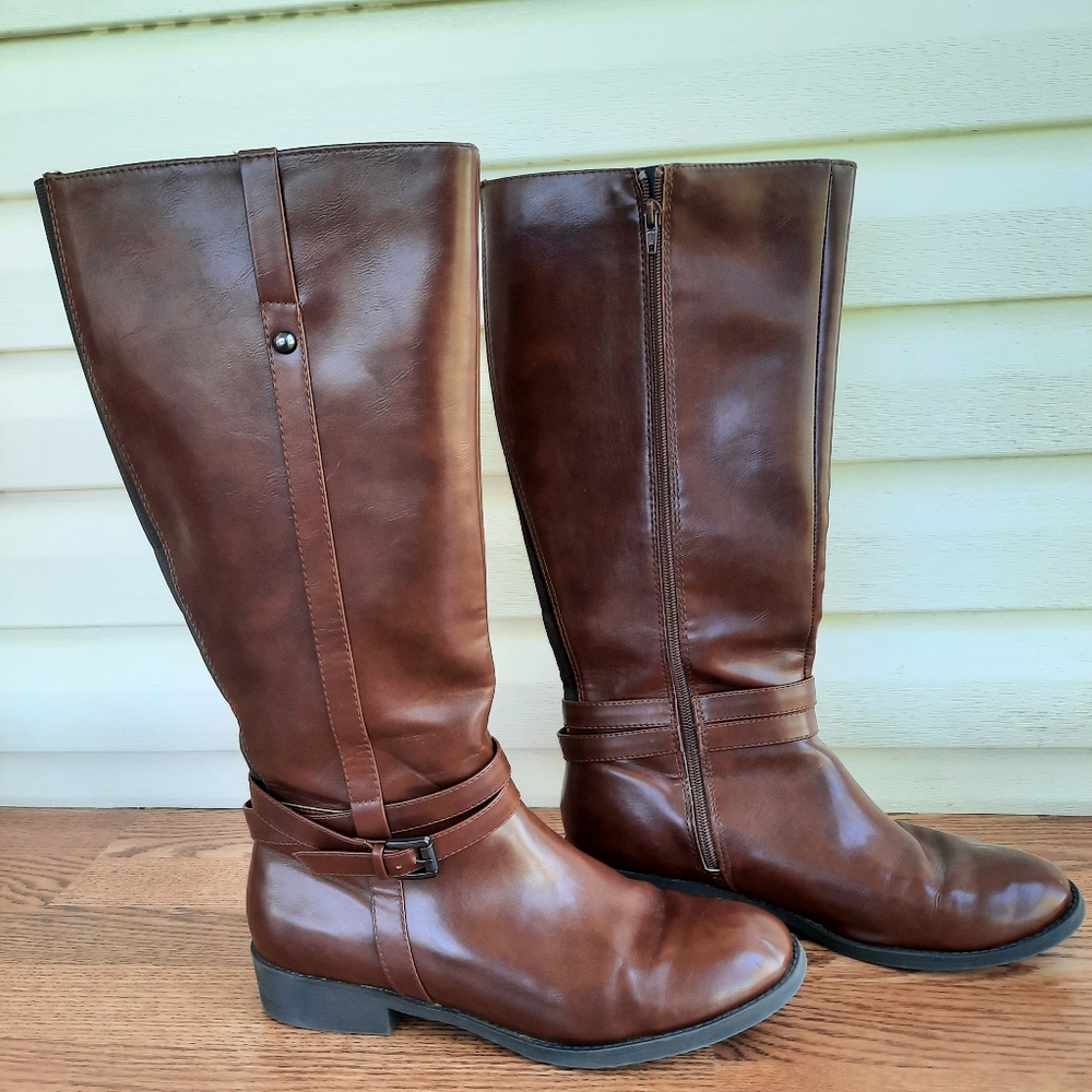 American Eagle Cognac Brown Women's Tall Boots Black Tone Buckle Size 12